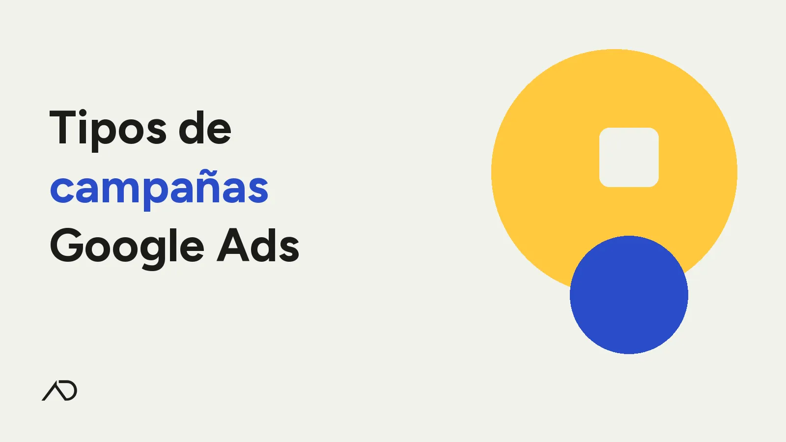Portada: Tipos de campañas Google Ads — tipografía grande, círculo amarillo y azul, isologo AD abajo a la izquierda