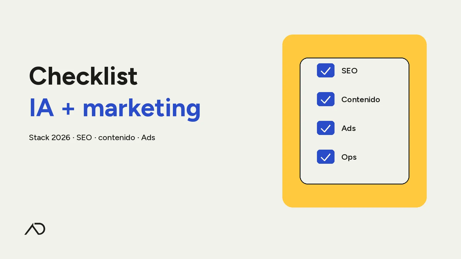 Checklist IA + marketing — portada ART DEPARTMENT, tipografía grande y tablero de checks
