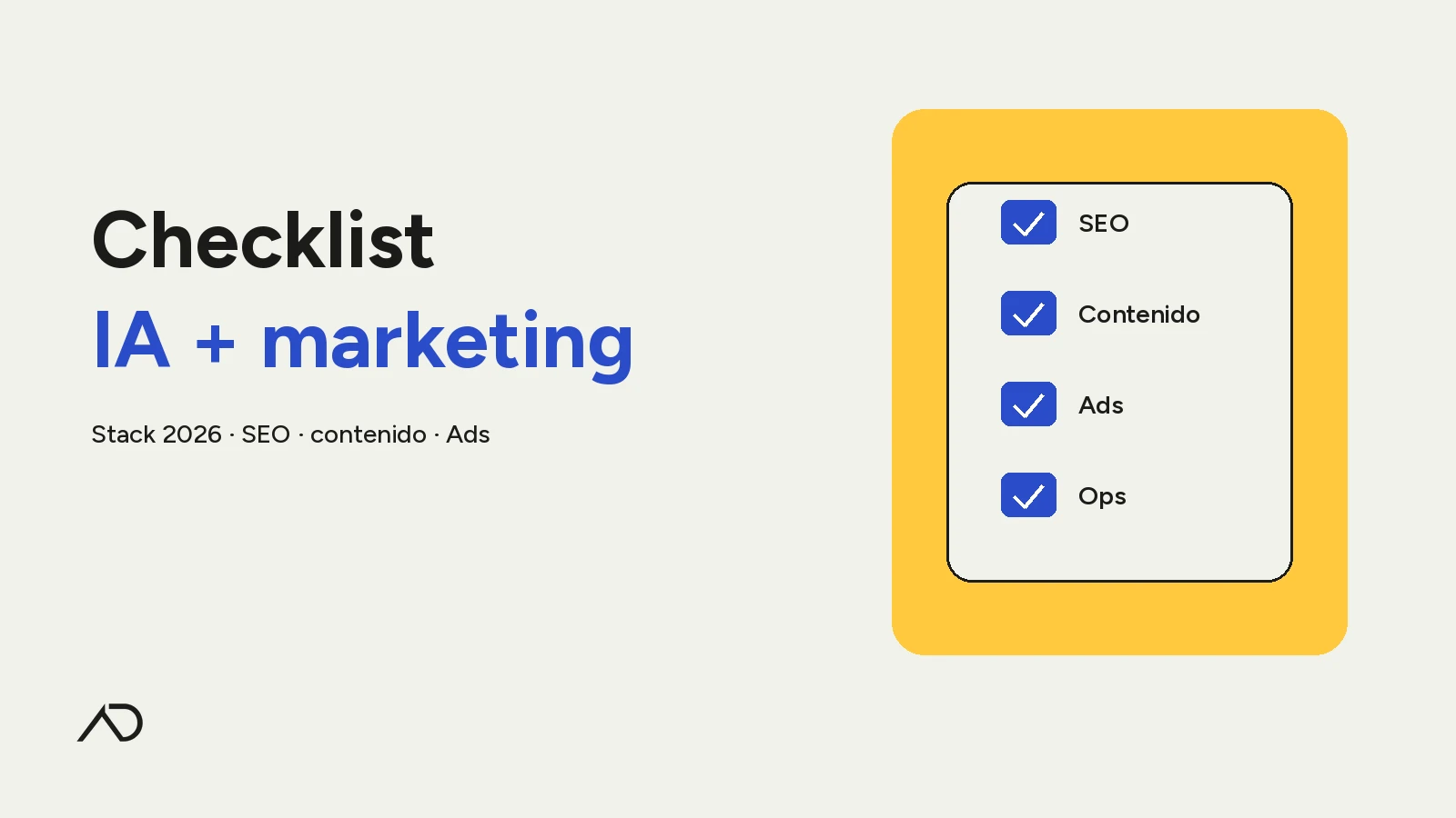 Checklist IA + marketing — portada ARTDEPARTMENT, tipografía grande y tablero de checks