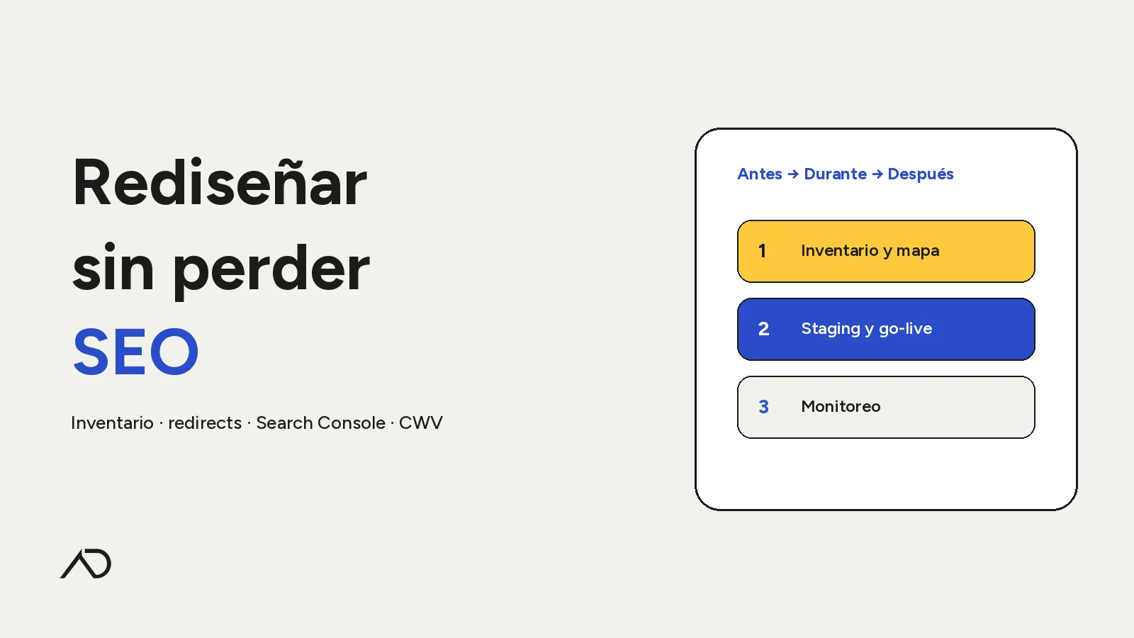 Portada: Rediseñar sin perder SEO — tipografía grande Rediseñar/sin perder/SEO, fases Antes Durante Después, isologo AD abajo a la izquierda, sin barra amarilla