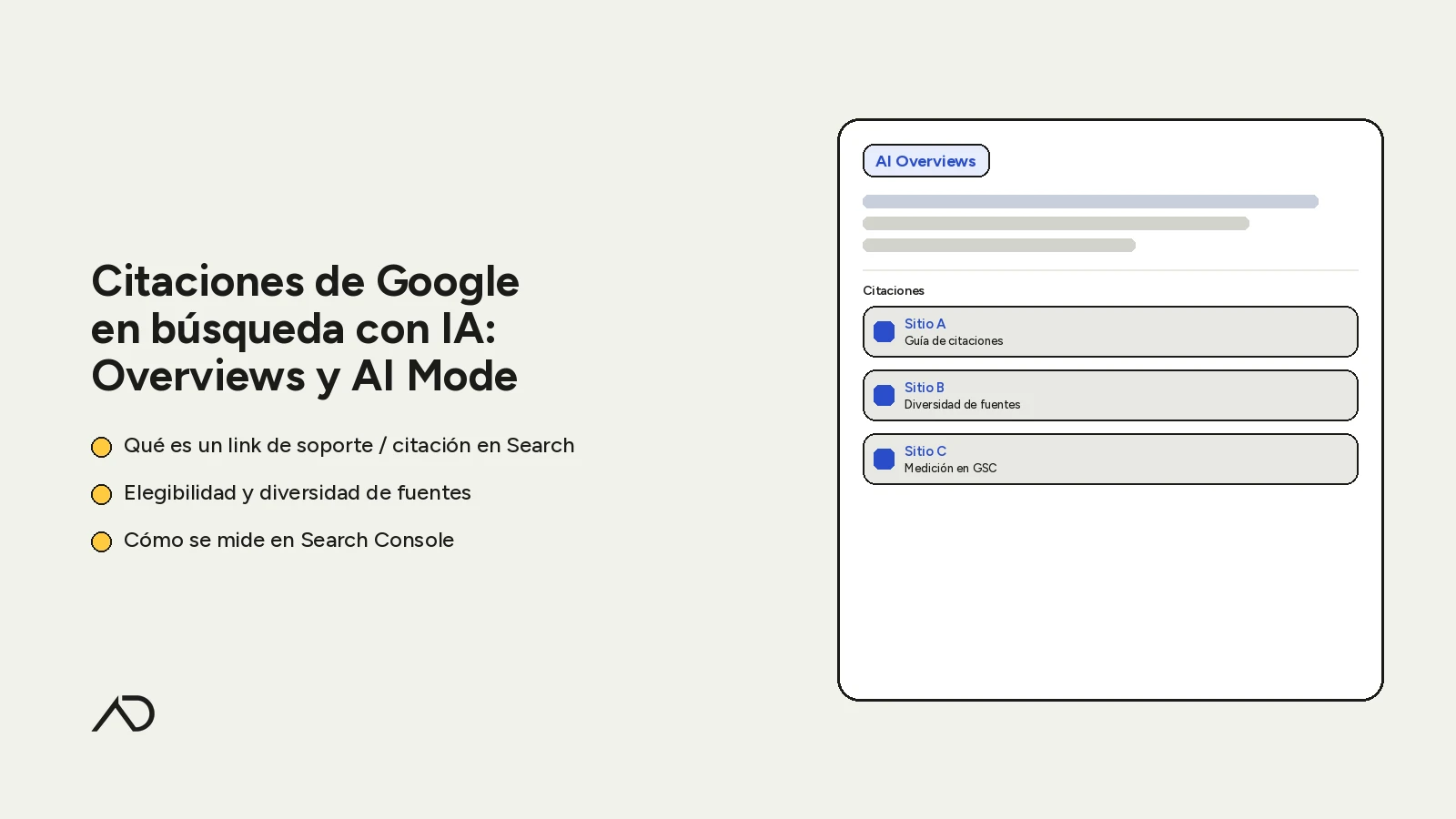 Portada: Citaciones de Google en búsqueda con IA — AI Overviews y AI Mode; bullets sobre links de soporte, diversidad de fuentes y medición en Search Console, con mock de AI Overview y citaciones.