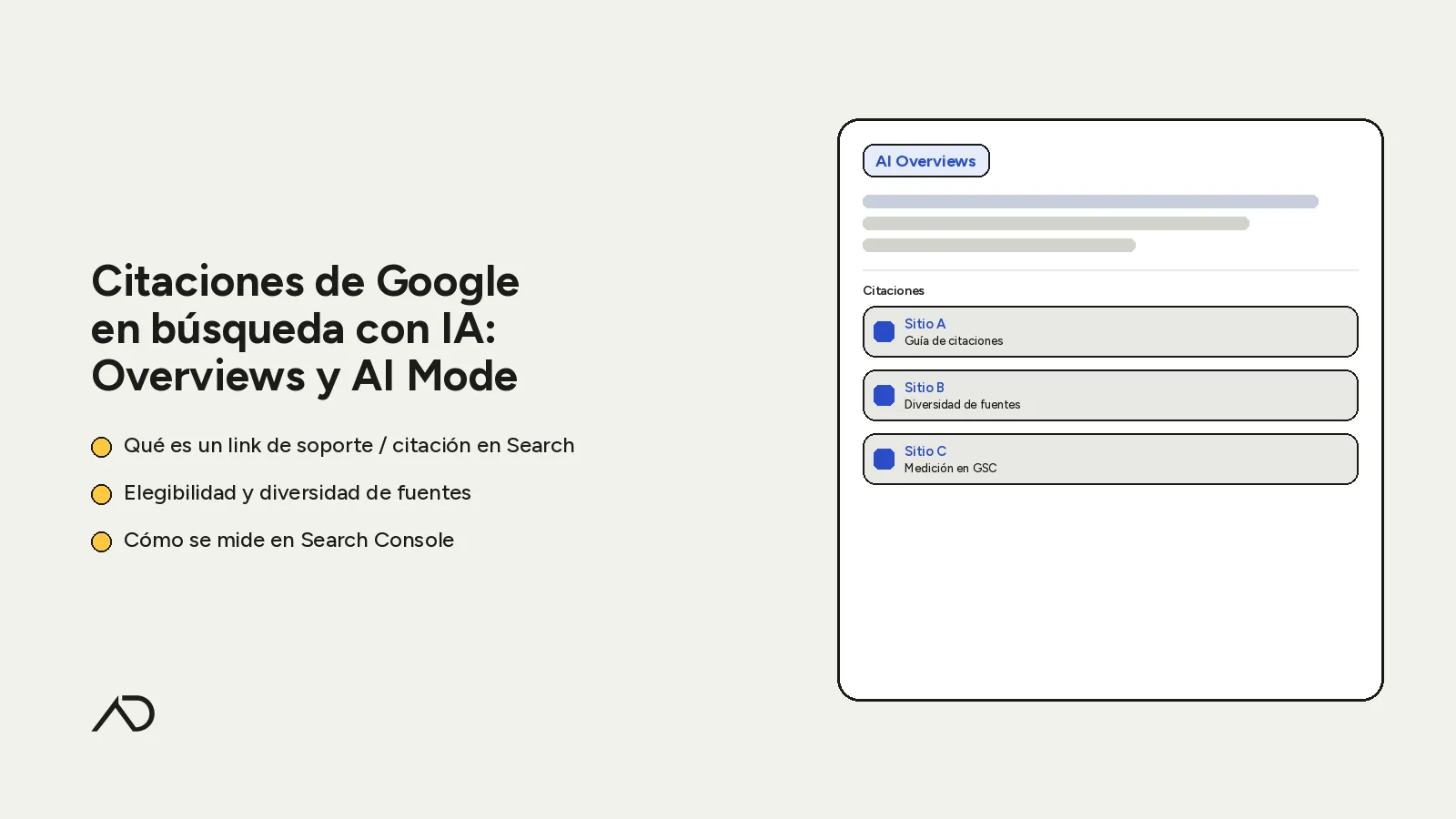 Portada: Citaciones de Google en búsqueda con IA — Overviews y AI Mode; bullets sobre links de soporte, diversidad de fuentes y medición en Search Console, con mock de AI Overview y citaciones.