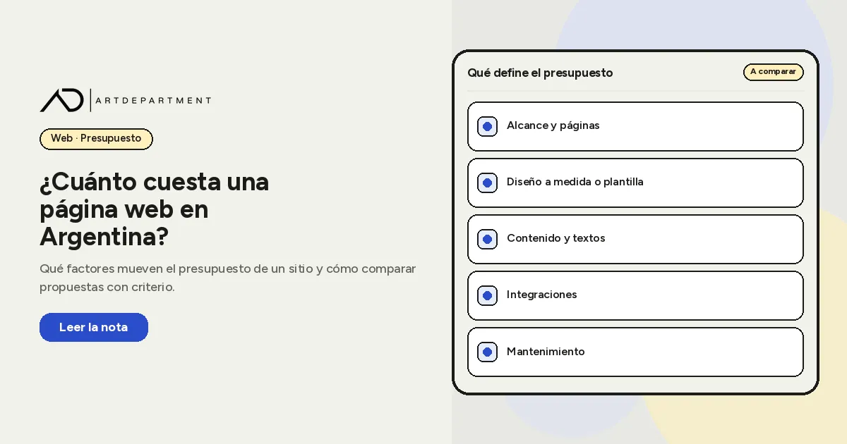 Card «Qué define el presupuesto» con cinco factores a comparar en una propuesta web: alcance y páginas, diseño a medida o plantilla, contenido y textos, integraciones y mantenimiento.