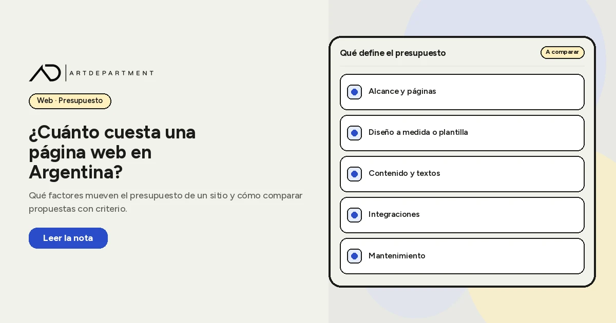Card «Qué define el presupuesto» con cinco factores a comparar en una propuesta web: alcance y páginas, diseño a medida o plantilla, contenido y textos, integraciones y mantenimiento.