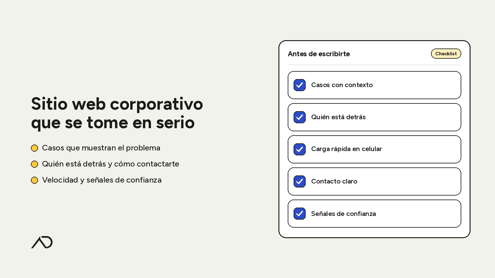 Portada: «Sitio web corporativo que se tome en serio», con un checklist de lo que una empresa grande revisa antes de escribirte: casos, quién está detrás, velocidad, contacto y confianza.