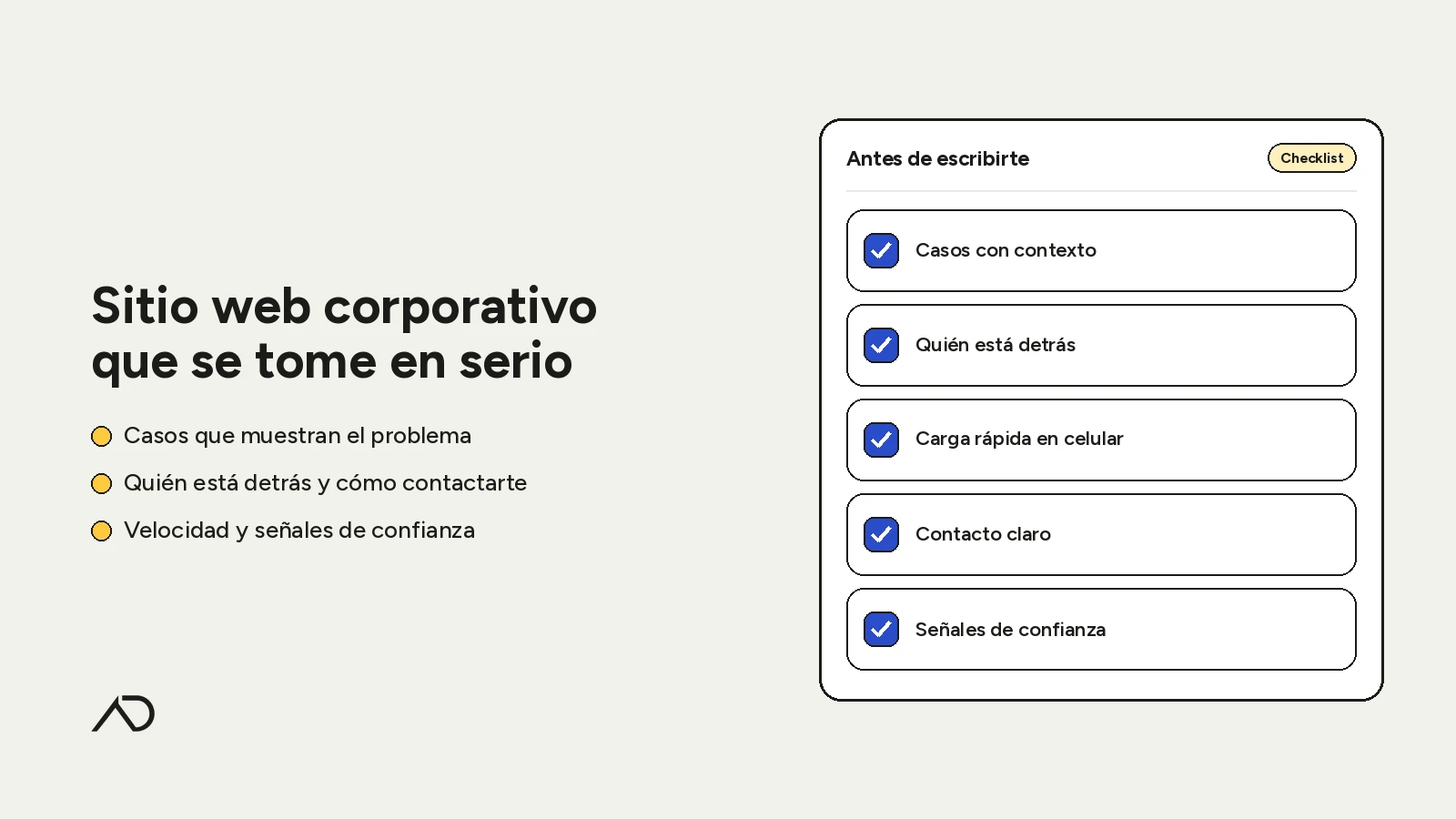 Portada: «Sitio web corporativo que se tome en serio», con un checklist de lo que una empresa grande revisa antes de escribirte: casos, quién está detrás, velocidad, contacto y confianza.