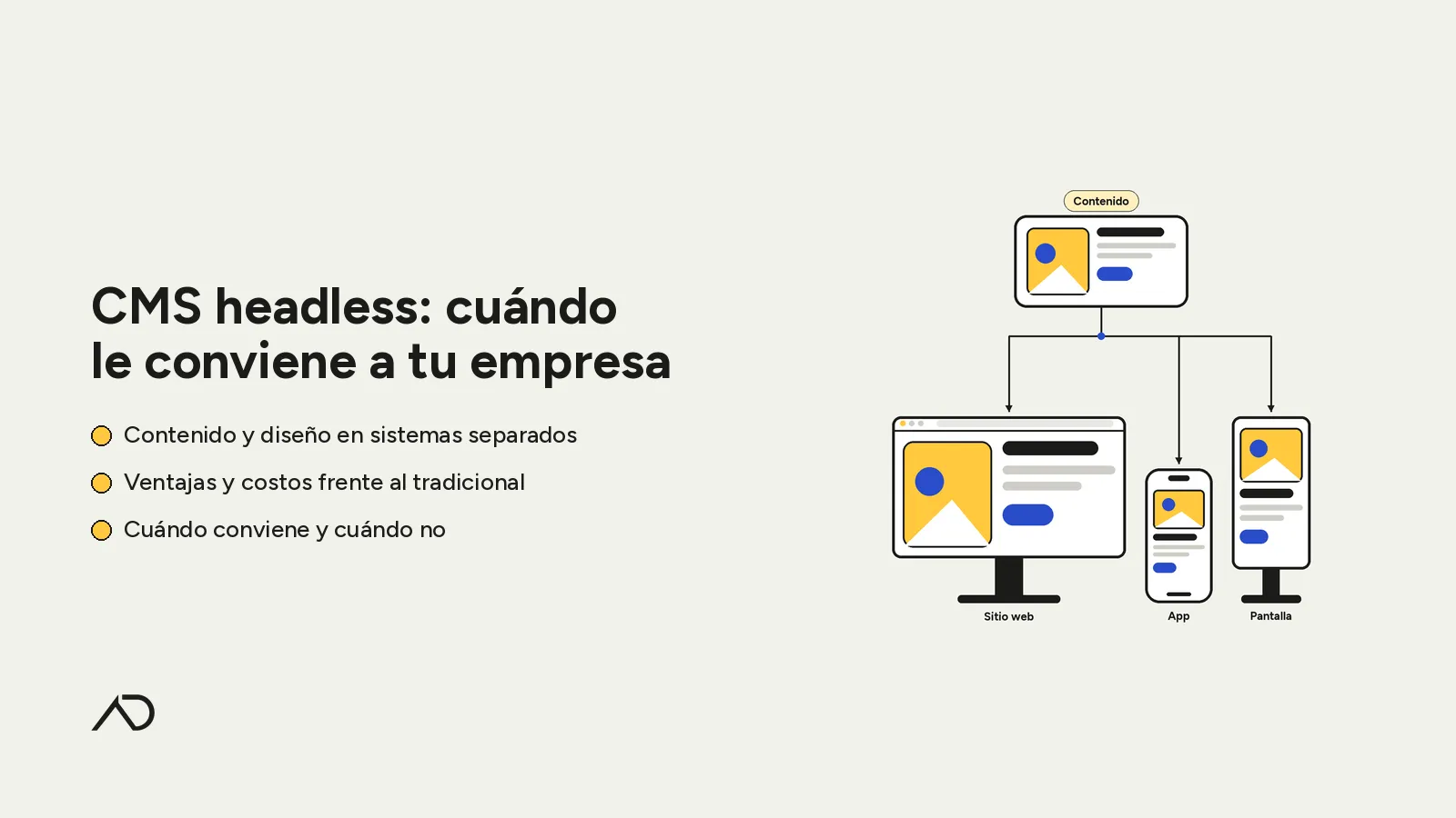 Portada: «CMS headless: cuándo le conviene a tu empresa», con un bloque de contenido que se conecta a un sitio web en monitor, una app en celular y una pantalla vertical, todos mostrando el mismo contenido.