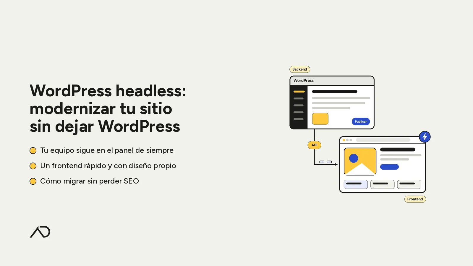 Portada: «WordPress headless: modernizar tu sitio sin dejar WordPress», con un panel de administración rotulado WordPress que envía contenido por una API a un sitio moderno y rápido.