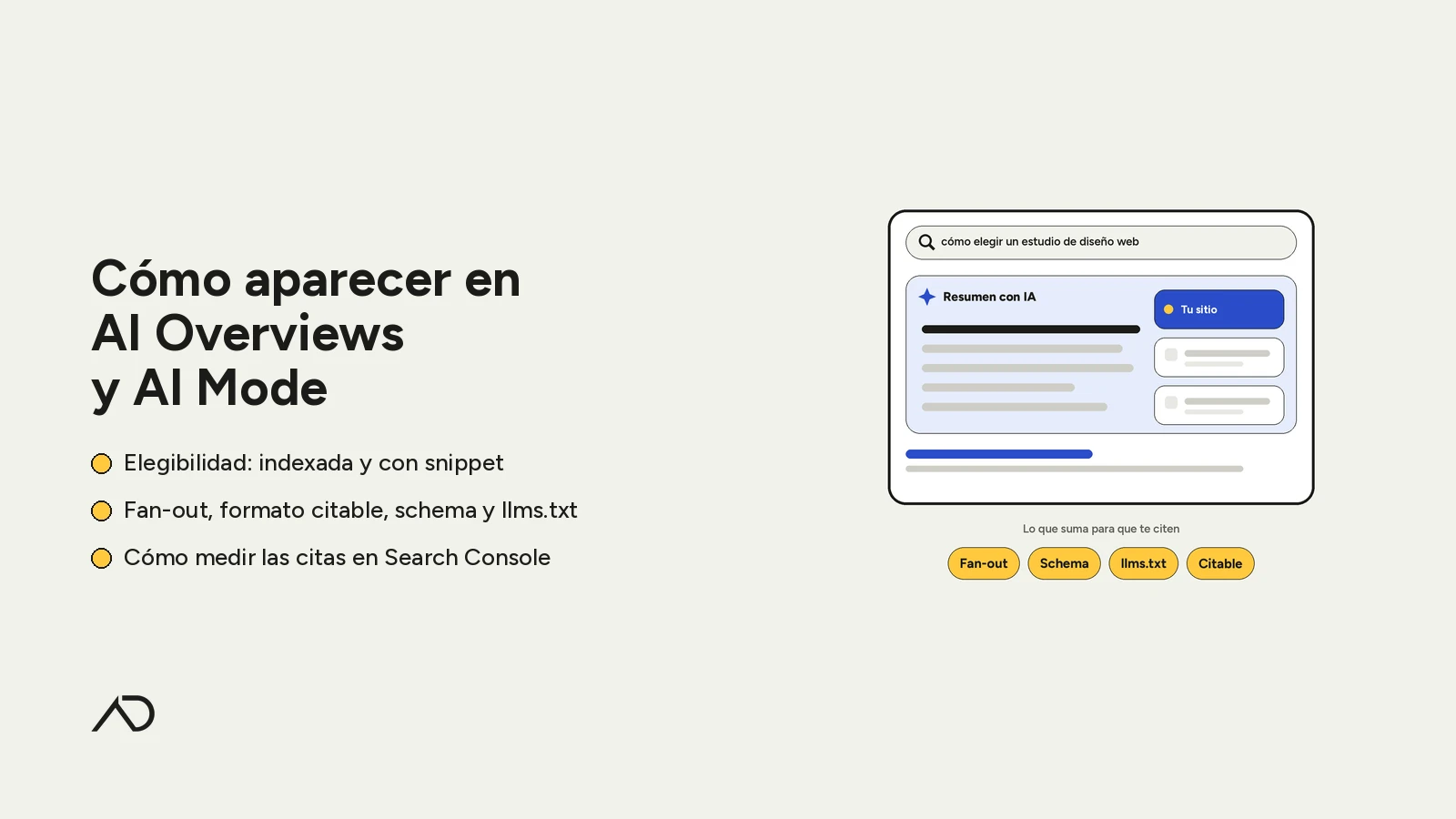 Cómo aparecer en AI Overviews y AI Mode: un resumen con IA en la página de resultados cita tu sitio, gracias a fan-out, schema, llms.txt y formato citable.