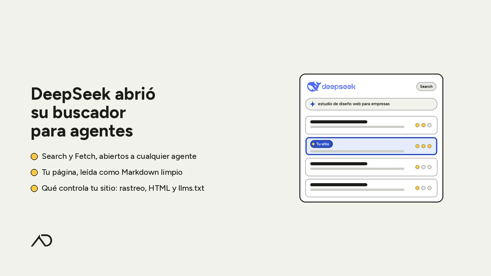 DeepSeek abrió su buscador para agentes: ventana del Search de DeepSeek con la consulta de un agente y tu sitio resaltado entre los resultados.