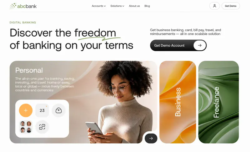 Diseño web corporativo para banca digital con propuesta comercial, planes y llamada a solicitar una demostración