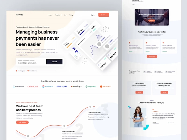Captura de un SaaS B2B de pagos con hero comercial, formulario, marcas cliente y secciones de proceso.