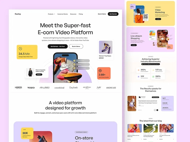 Captura de una plataforma e-commerce de video con hero de producto, tarjetas promocionales y métricas de marketing.