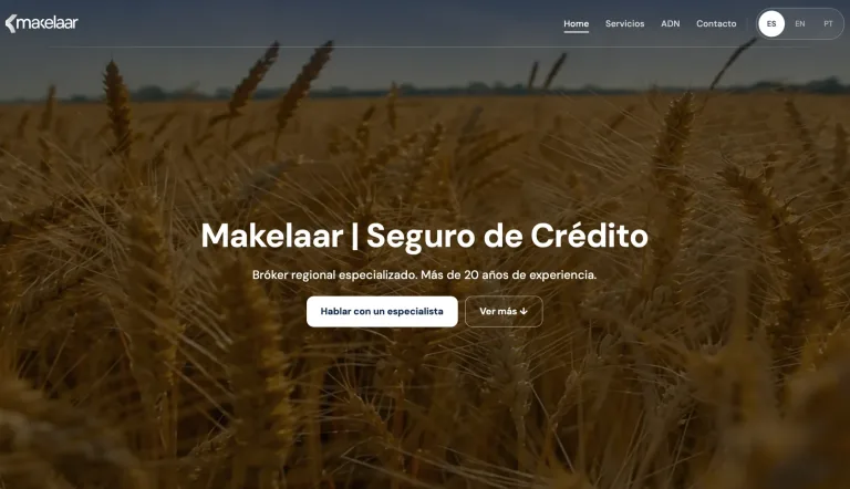 Captura del sitio de Makelaar: portada sobre un campo de trigo con el titular de seguro de crédito y el botón para hablar con un especialista.