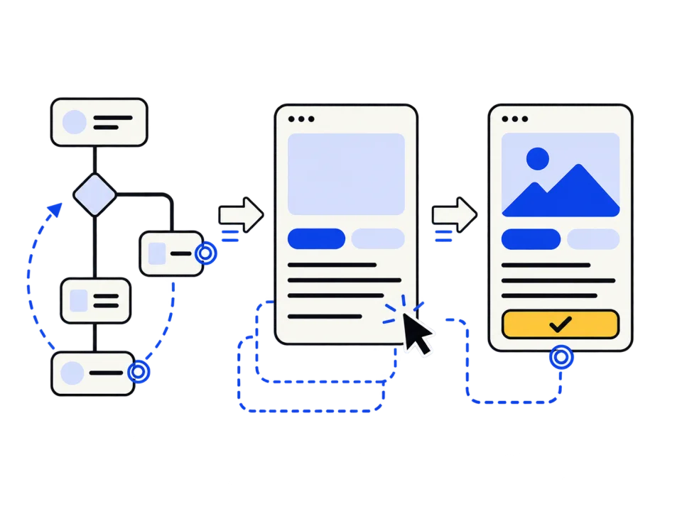 Proceso de diseño UX/UI: un flujo de producto se convierte en un wireframe y luego en una interfaz visual lista para desarrollar.