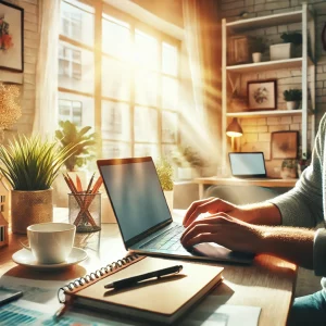 59 ideas de Negocio Rentables: 10 mejores + 10 más novedosas + 39 rentables - DALL·E 2024 09 24 20.14.25 A bright and cheerful scene of a workspace where a person is typing on a laptop with a large window showing sunlight streaming into the room. There a 300x300